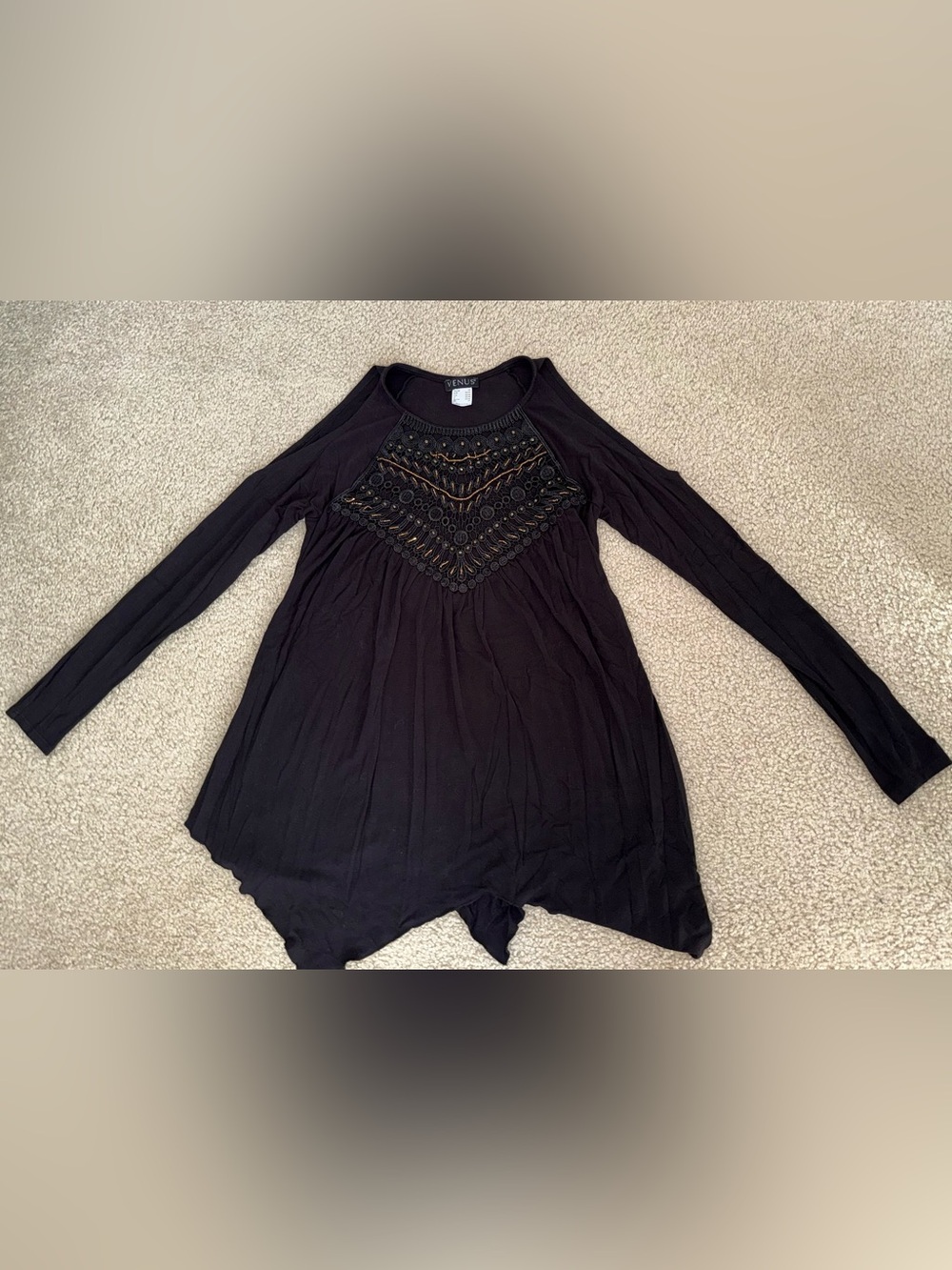 VENUS Black Long Sleeve Embellished Handkerchief Hem Top